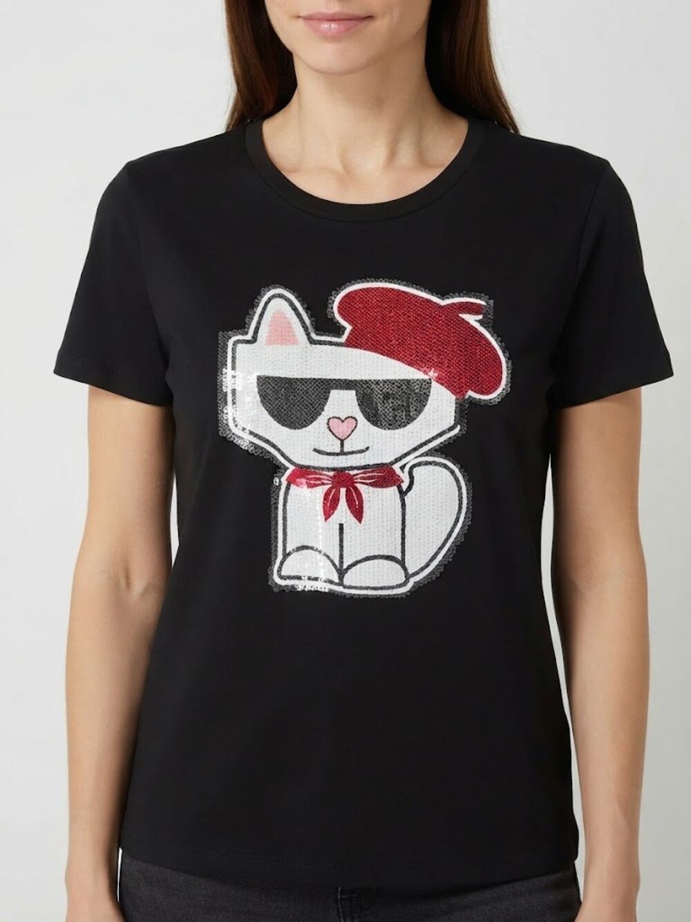 Karl Lagerfeld Black Sequin Red Baret Cat Graphic Short Sleeve Tee
